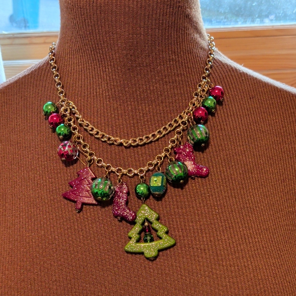 Festive Gold and Green Necklace with Christmas Charms